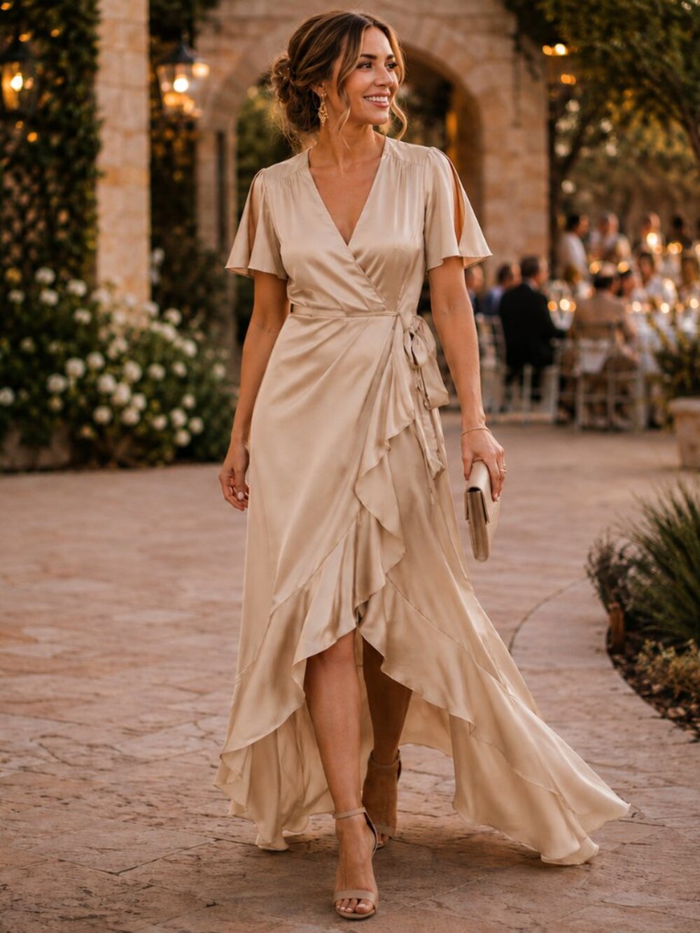Altar'd State Springvale Champagne Satin Maxi Dress | L | NWT Wrap Ruffle